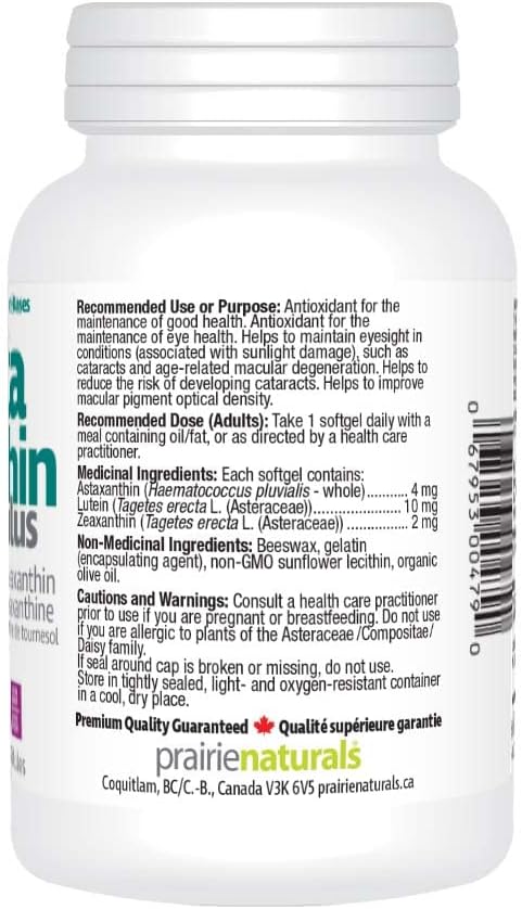 Prairie Naturals Astaxanthin Plus 4mg 蝦紅素、葉黃素和玉米黃質軟膠囊有助於維持視力、預防白內障和老年性黃斑部病變、降低白內障的風險、改善黃斑…
