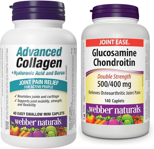 Webber Naturals 高級膠原蛋白(含透明質酸和硼)40 粒迷你膠囊和葡萄糖胺軟骨素(雙倍強度)140 粒膠囊,有助於緩解骨關節炎引起的關節疼痛