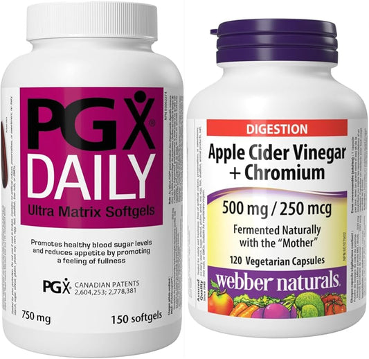 Webber Naturals PGX Daily 软胶囊,750 毫克,150 粒 & 含铬苹果醋,120 粒胶囊,采用母体自然发酵,有助于消化,无糖,纯素
