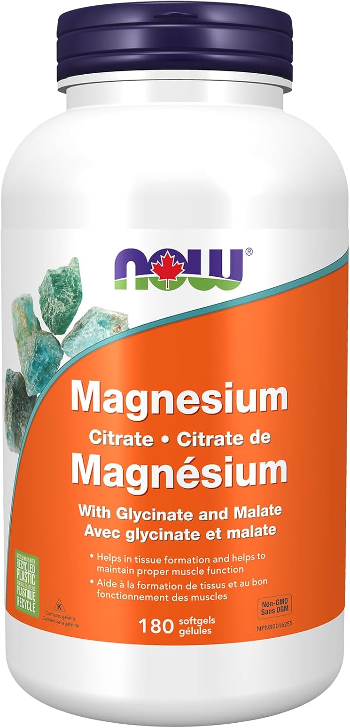 NOW Supplements, 檸檬酸鎂,含甘氨酸鹽和蘋果酸鹽,神經系統支持,180 粒軟膠囊