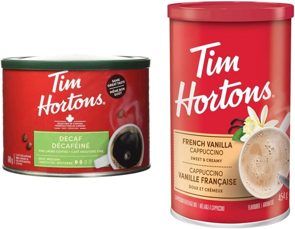 Tim Hortons 脱咖啡因、细磨咖啡、中度烘焙、640 克罐装 & Tim Horton's 速溶卡布奇诺、法式香草、16 盎司