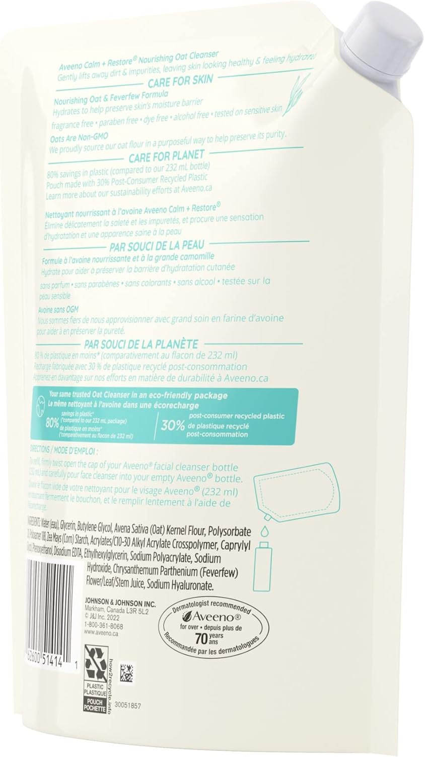 Aveeno Calm + Restore Nourishing Oat Facial Cleanser for Sensitive Skin, Gentle Gel Face Wash with Nourishing Oat & Calming Feverfew, Hypoallergenic, Fragrance- & Paraben-Free, 232mL (Packaging May Vary)