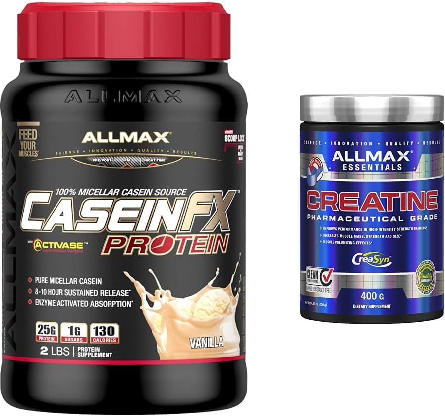 ALLMAX CASEIN-FX 香草味 2 磅肌酸一水合物,微粉化肌酸粉,用于增强力量和肌肉恢复,无麸质且快速吸收 400 克