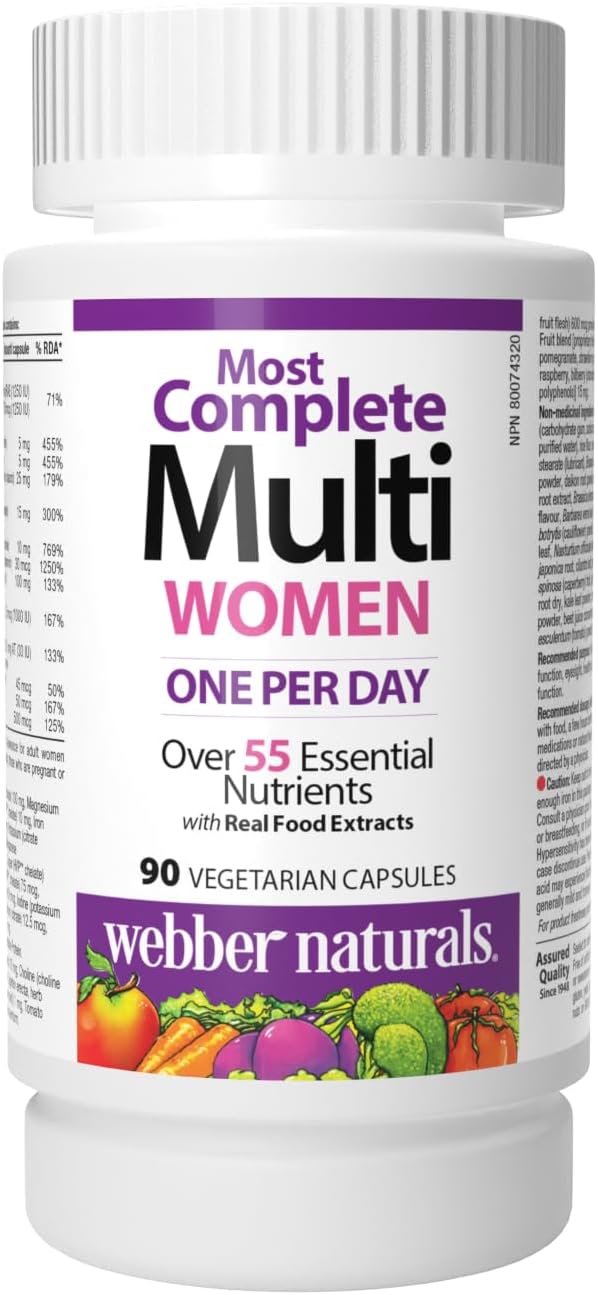 Webber Naturals Most Complete Multi For Women, 90 Capsules, One-Per-Day, Over 55 Vitamins, Minerals, and Whole Food Fruit and Vegetable Sources per Capsule, Vegetarian