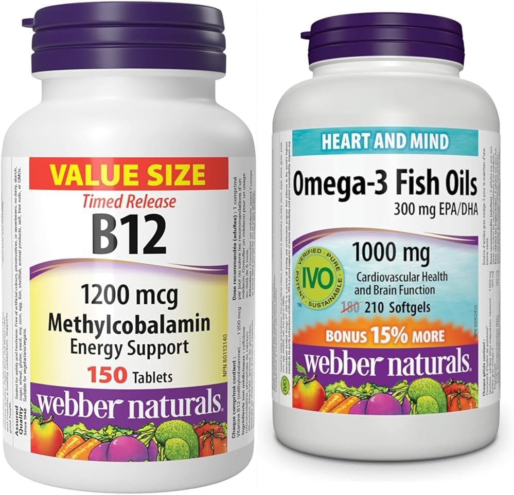 Webber Naturals 维生素 B12 1200 微克,定时释放,150 片,Omega-3 鱼油 1,000 毫克,210 粒软胶囊,支持心血管健康和大脑功能