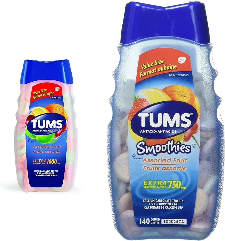 TUMS 超強抗酸劑(用於緩解胃灼熱)什錦水果味,160 片 & 特強冰沙(用於緩解胃灼熱)什錦水果味,140 片