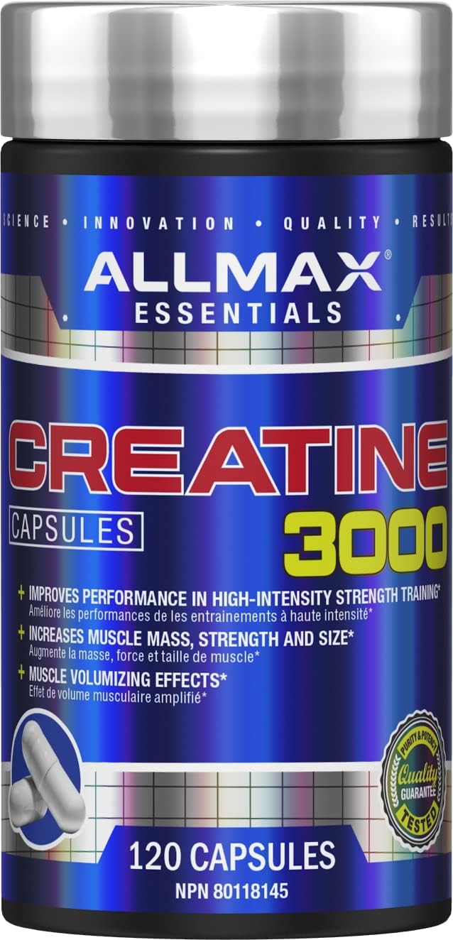 ALLMAX Nutrition - 肌酸 3000,肌酸一水合物胶囊,用于增强力量和肌肉恢复,含 Omega-3 必需脂肪酸和超纯冷水鱼油,180 粒