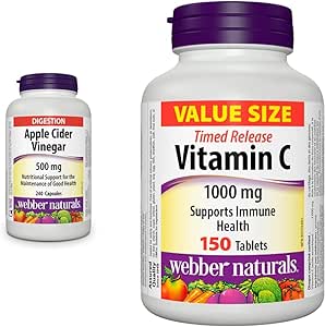 Webber Naturals Apple Cider Vinegar Capsules, 500 mg, 240 Count & Vitamin C Timed Release 1,000 mg, 150 Tablets, For Bones, Teeth, Immune and Antioxidant Health, Vegetarian