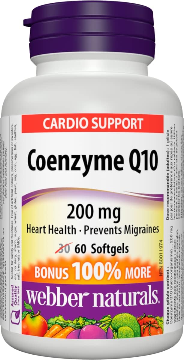 Webber Naturals Omega-3 900 毫克三重強度和輔酶 Q10 (CoQ10) 200 毫克,高效抗氧化劑,非轉基因,無麩質,60 粒軟膠囊,用於心臟健康和細胞能量產生