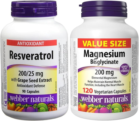 Webber Naturals 白藜芦醇与葡萄籽提取物胶囊,200/25毫克和双甘氨酸镁200毫克,120粒胶囊,支持骨骼和肌肉功能,纯素