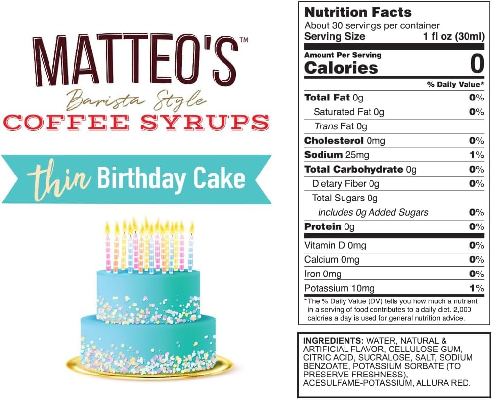 Matteo's Barista 风格无糖咖啡糖浆,生日蛋糕口味,零卡路里和糖,适合生酮饮食,非常适合拿铁、卡布奇诺、浓缩咖啡、美式咖啡,口感浓郁,25.4 盎司 1 包