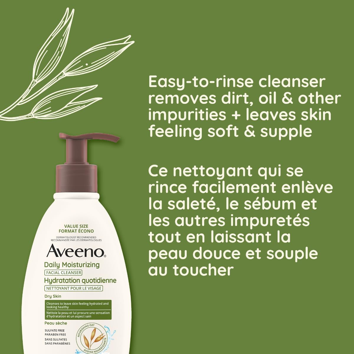 Aveeno Daily Moisturizing Face Wash, Facial Cleanser, Dry Skin, Non-GMO Oat, Daily Wash, Paraben Free, Fragrance Free, 354-mL