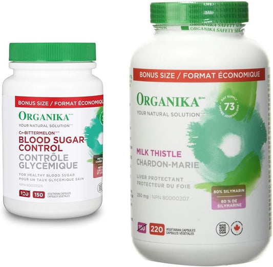 Organika Blood Sugar Control Bonus Size- Chromium and Bitter Melon, 150 vcaps & Milk Thistle 250 Mg Bonus Size 220 count- Liver Protectant From Silymarin Seed- 220vcaps