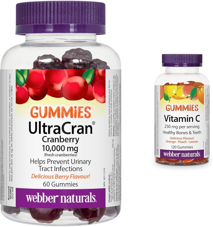 Webber Naturals UltraCran 蔓越莓 10,000 毫克软糖和维生素 C 软糖 125 毫克,120 粒软糖,有益于骨骼、牙齿、免疫和抗氧化健康,纯素