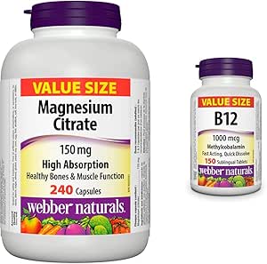 Webber Naturals Magnesium Citrate 150 mg, 240 Capsules & Vitamin B12 1000 mcg, Quick Dissolve, 150 Tablets