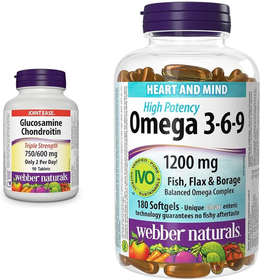 Webber Naturals Glucosamine Chondroitin, Triple Strength, 90 Tablets & Omega 3-6-9 1,200 mg Fish Oil, 180 Clear Enteric No Fishy Aftertaste Softgels, Supports Cardiovascular Health and Brain Function