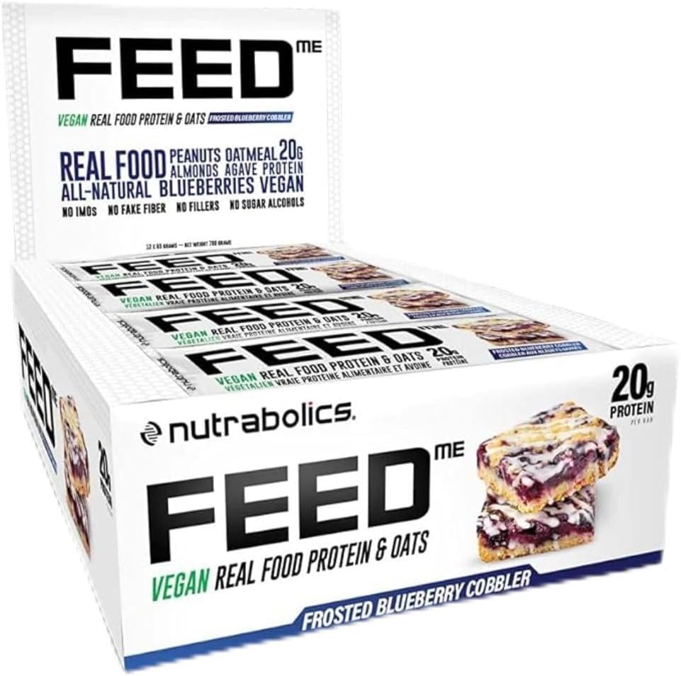 Nutrabolics- Feed me, Vegan Real Food Protein Bar, Frosted Blueberry Cobbler Box, 12 x 65 grams