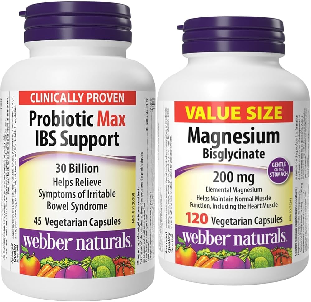 Webber Naturals Probiotic Max IBS Support, 30 Billion Active Cells, 5 Probiotic Strains, 45 Capsules & Magnesium Bisglycinate 200 mg, 120 Capsules, Supports Bone and Muscle Functions, Vegan
