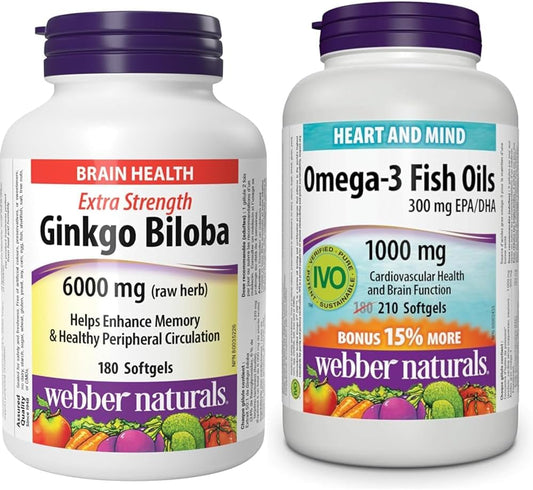 Webber Naturals Ginkgo Biloba 6000 mg, 180 Softgels, Helps Enhance Cognitive Function and Memory & Omega-3 Fish Oil 1,000 mg, 210 Softgels, Supports Cardiovascular Health and Brain Function