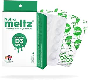 Nutrameltz 维生素 D3 1000 IU – 支持强健骨骼和牙齿、增强免疫力维生素、预防炎症、速溶片、令人垂涎的混合浆果味(60 片)