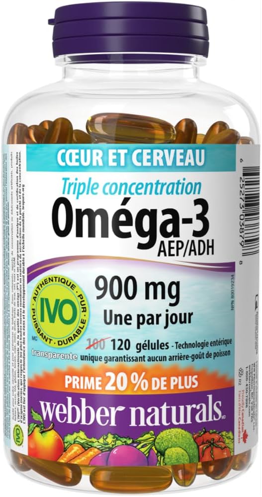 Webber Naturals Omega-3 900 毫克三倍强度,120 粒透明肠溶无鱼腥味软胶囊,支持心血管健康和大脑功能