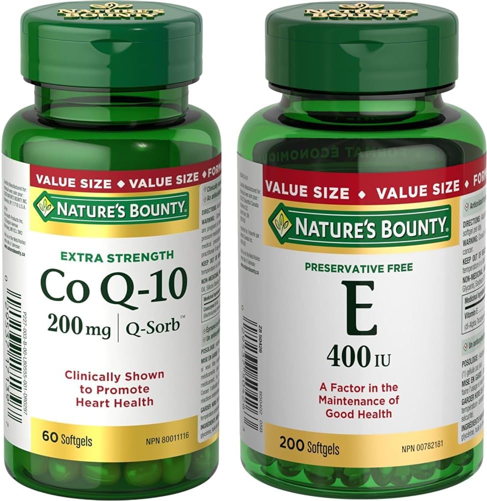 Nature's Bounty Co Q10 强效 200 毫克补充剂促进心脏健康,彩色,60 粒软胶囊和维生素 E 丸剂和补充剂,有助于维持健康,400Iu,200 粒软胶囊