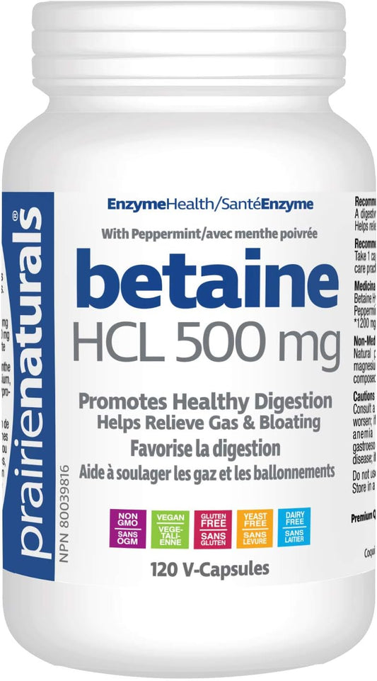 Prairie Naturals Betaine HCL 500mg VCaps - 120 Count & Enzyme Force - Full Spectrum Plant Enzyme with FibraZyme VCaps - 60 Count