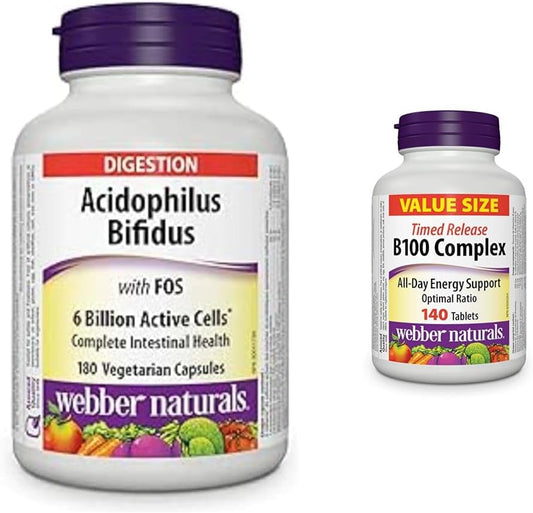 Webber Naturals 嗜酸乳桿菌雙歧桿菌,含 FOS、60 億活性細胞、4 種益生菌菌株和維生素 B100 複合物,定時釋放,140 片,支持能量生成和代謝,純素食
