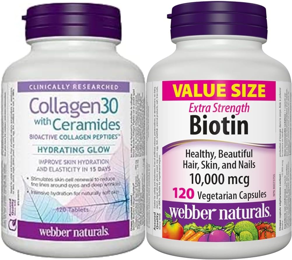 Webber Naturals Collagen30 含神經醯胺、生物活性膠原蛋白勝肽,120 片,保濕亮澤,生物素 10,000 微克,強效,120 粒膠囊,支持健康的頭髮、皮膚和指甲