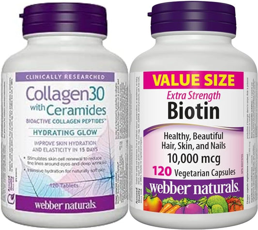 Webber Naturals Collagen30 含神經醯胺、生物活性膠原蛋白勝肽,120 片,保濕亮澤,生物素 10,000 微克,強效,120 粒膠囊,支持健康的頭髮、皮膚和指甲