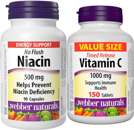 Webber Naturals 烟酸 500 毫克,90 粒胶囊,无需冲洗,维生素 B3 补充剂和维生素 C 缓释 1000 毫克,150 片,用于骨骼、牙齿、免疫和抗氧化健康