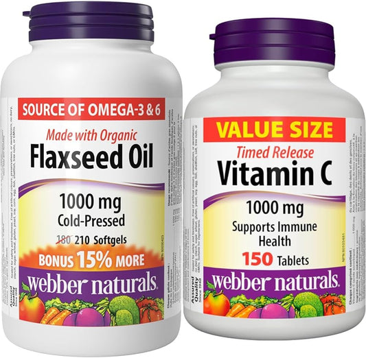 Webber Naturals 亞麻仁油 1000 毫克,210 粒軟膠囊,植物來源 Omega-3,有益於心臟健康,維生素 C 定時釋放 1000 毫克,150 片,有益於骨骼、牙齒、免疫和抗氧化健康