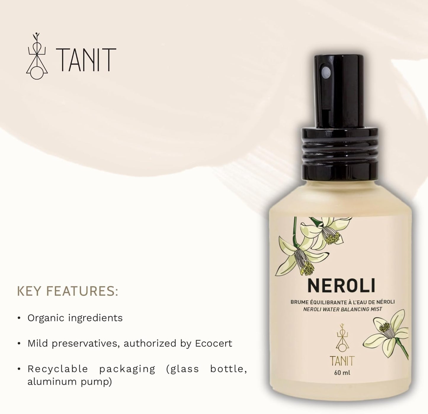 TANIT - 有機橙花水 - 100% 純天然橙花純露 - 純素 - 橙花水 - 身體噴霧和爽膚噴霧 - 即時清新(60 毫升)