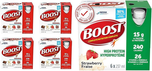 BOOST Original Meal Replacement Drink, 6x237ml Variety Pack, Case Pack of 4, Packaging May Vary & 15 g High Protein Meal Replacement Drink, Strawberry, 6x237ml, Case Pack of 4, Packaging May Vary