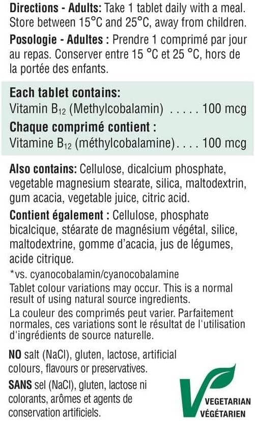 Jamieson 維生素 B12 100 微克,甲鈷胺,有助於預防維生素 B12 缺乏症,支持能量生成和代謝。素食,無麩質,100 片裝,加拿大製造