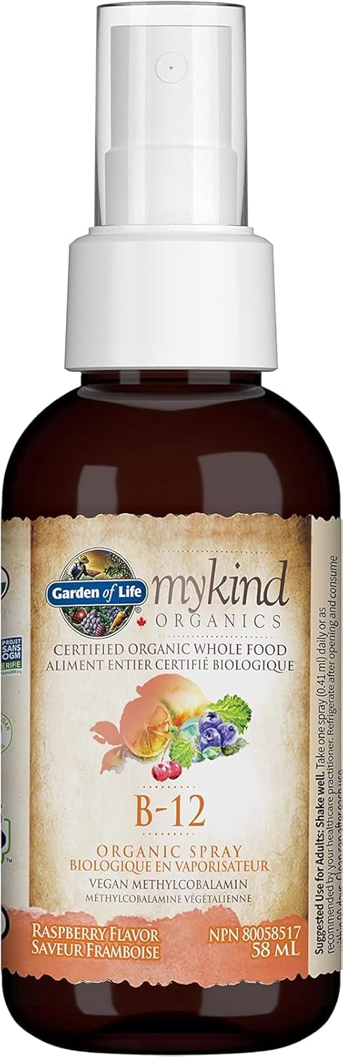 生命花園有機維生素B-12噴霧,覆盆子口味 | 支持免疫系統、能量、新陳代謝和健康血細胞 | 全食物成分,非基因,無麩質,純素,猶太潔食認證