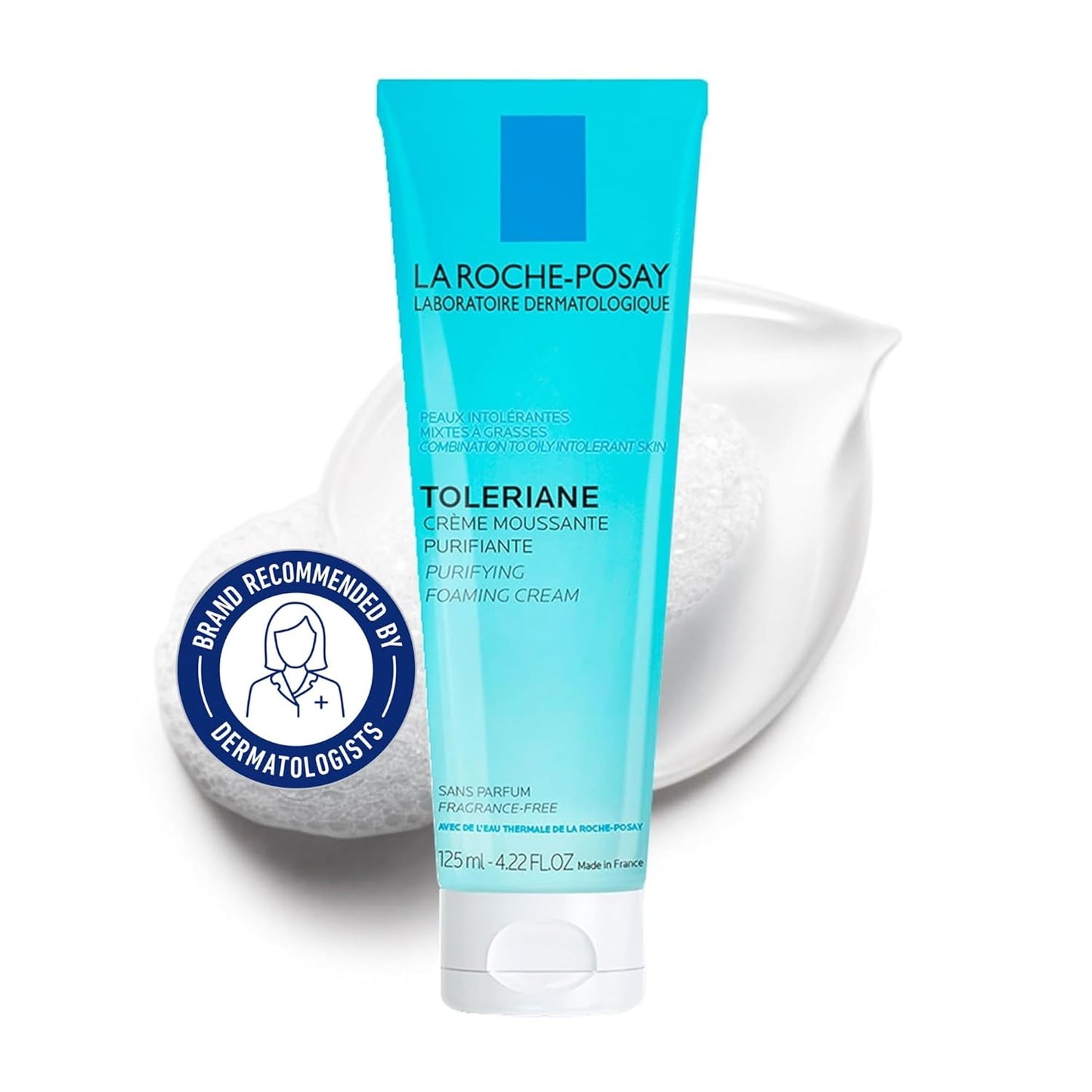 La Roche-Posay Face Cleanser, Toleriane Purifying Foaming Cream for Sensitive Skin with Glycerin, Cleanser and Makeup Remover, Fragrance Free, Preservative Free, Soap Free, Dermatologist Recommended Brand, 125 ML