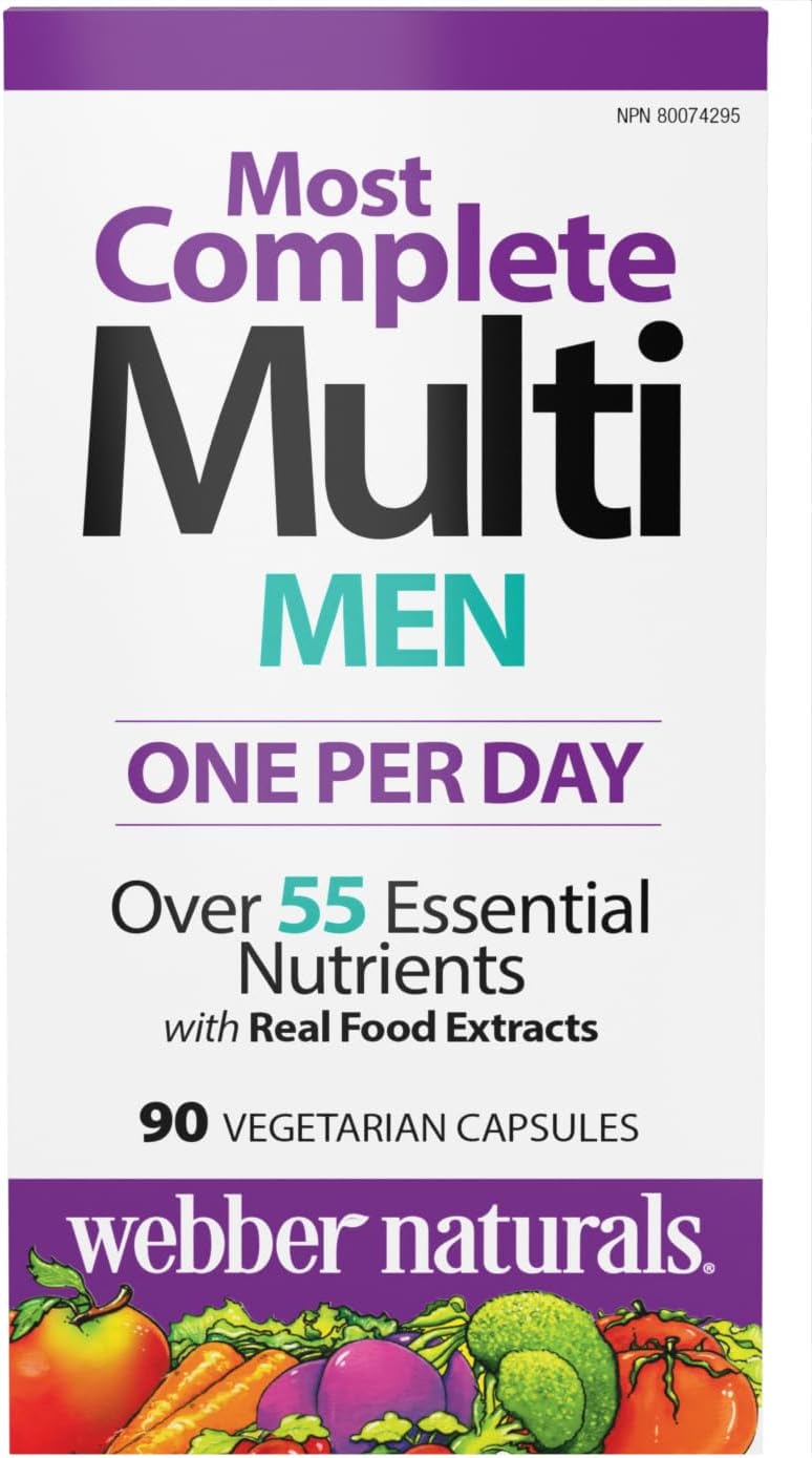 Webber Naturals Most Complete Multi For Men, 90 Capsules, One-Per-Day, Over 55 Vitamins, Minerals, and Whole Food Fruit and Vegetable Sources per Capsule, Vegetarian