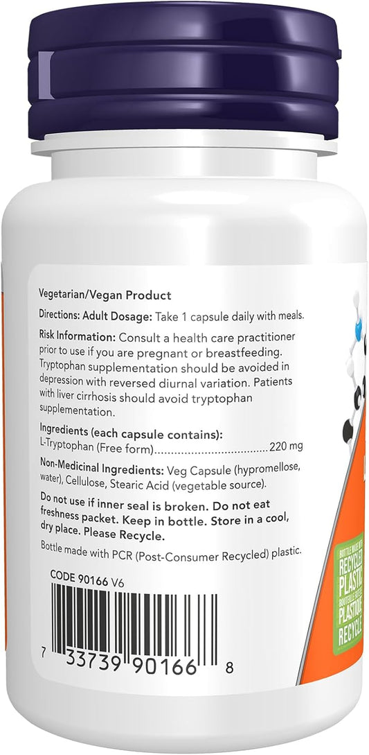 NOW Supplements,L-色氨酸 220 毫克,促進正面情緒*,支持放鬆*,60 粒素食膠囊