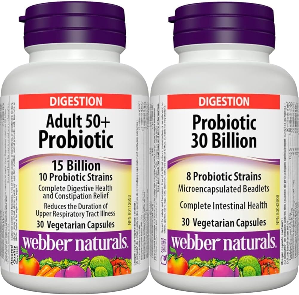 Webber Naturals Probiotic Adult 50+, 15 Billion Active Cells, 10 Probiotic Strains, 30 Capsules, For Digestive Health and Constipation Relief, Vegan & Probiotic 30 Billion Active Cells,