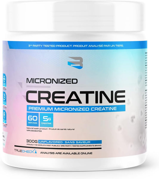 Believe 微粉化肌酸 - 优质微粉化肌酸一水合物,吸收率更高,每勺 5 克微粉化肌酸一水合物(60 粒)