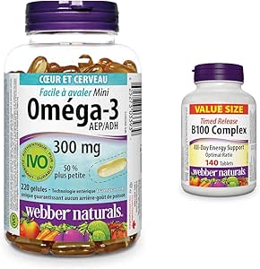 Webber Naturals Omega-3 300 毫克迷你装,220 粒透明肠溶无鱼腥味迷你软胶囊和维生素 B100 复合物,定时释放,140 片,支持能量产生和代谢,纯素
