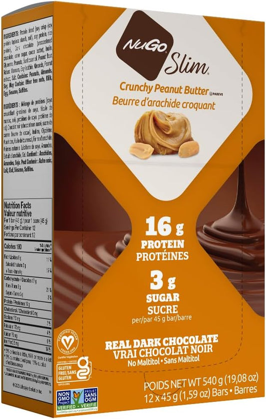 NuGo Slim Dark Chocolate Crunchy Peanut Butter, 16g Vegan Protein, 3g Sugar, 7g Fiber, Low Net Carbs, Gluten Free, 12 Count