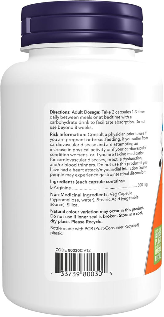 NOW Supplements, L-精胺酸 500 毫克,一氧化氮前體,胺基酸,100 粒素食膠囊