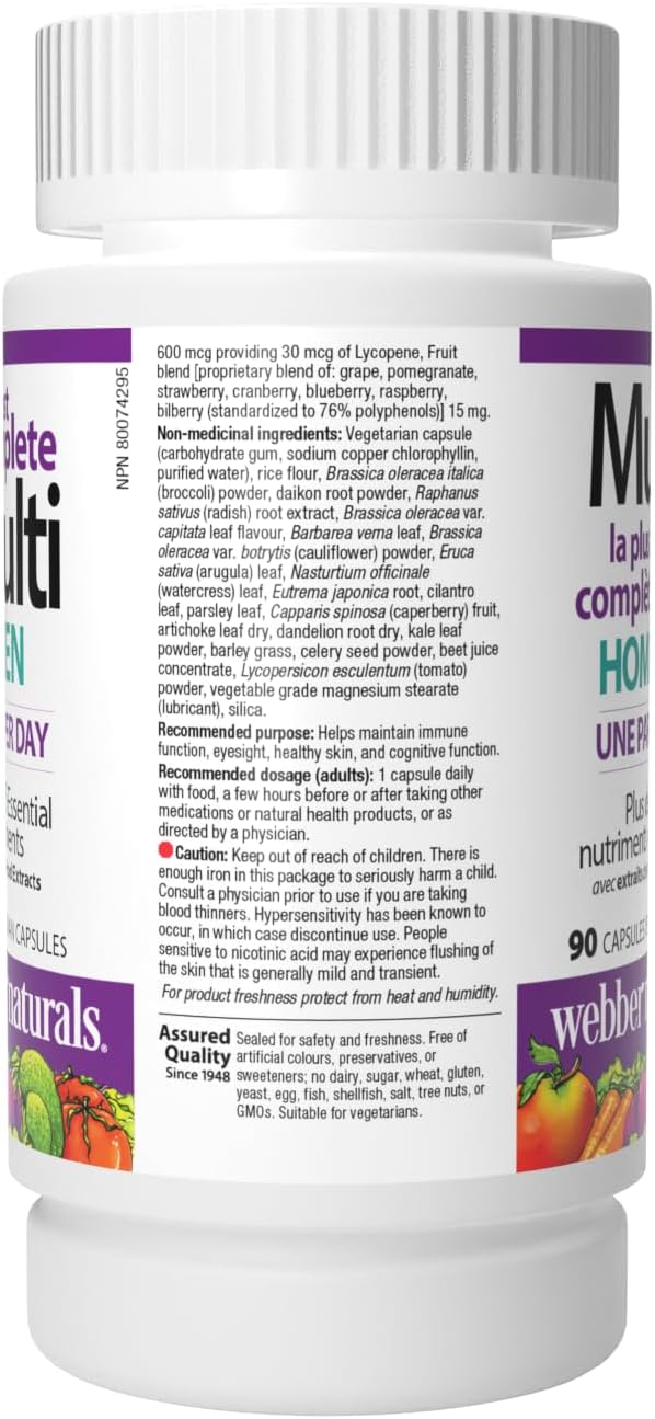 Webber Naturals Most Complete Multi For Men, 90 Capsules, One-Per-Day, Over 55 Vitamins, Minerals, and Whole Food Fruit and Vegetable Sources per Capsule, Vegetarian