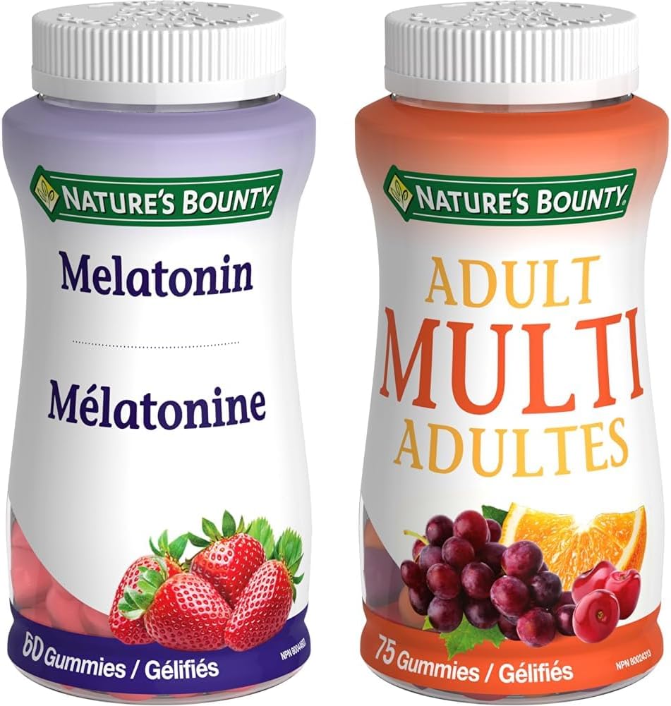Nature's Bounty 褪黑激素补充剂,帮助重置身体的睡眠-觉醒周期,2.5 毫克,60 粒软糖 & 成人复合维生素补充剂,帮助维持骨骼和免疫功能,75 粒软糖