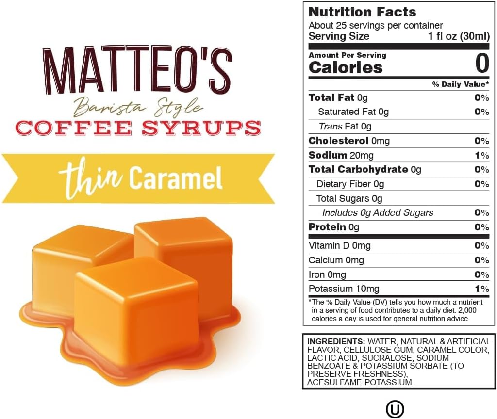 Matteo's Barista 风格无糖咖啡糖浆,焦糖糖浆口味,零卡路里和糖,酮类咖啡糖浆,美味风味咖啡糖浆 - 25.4 盎司糖浆瓶,1 包
