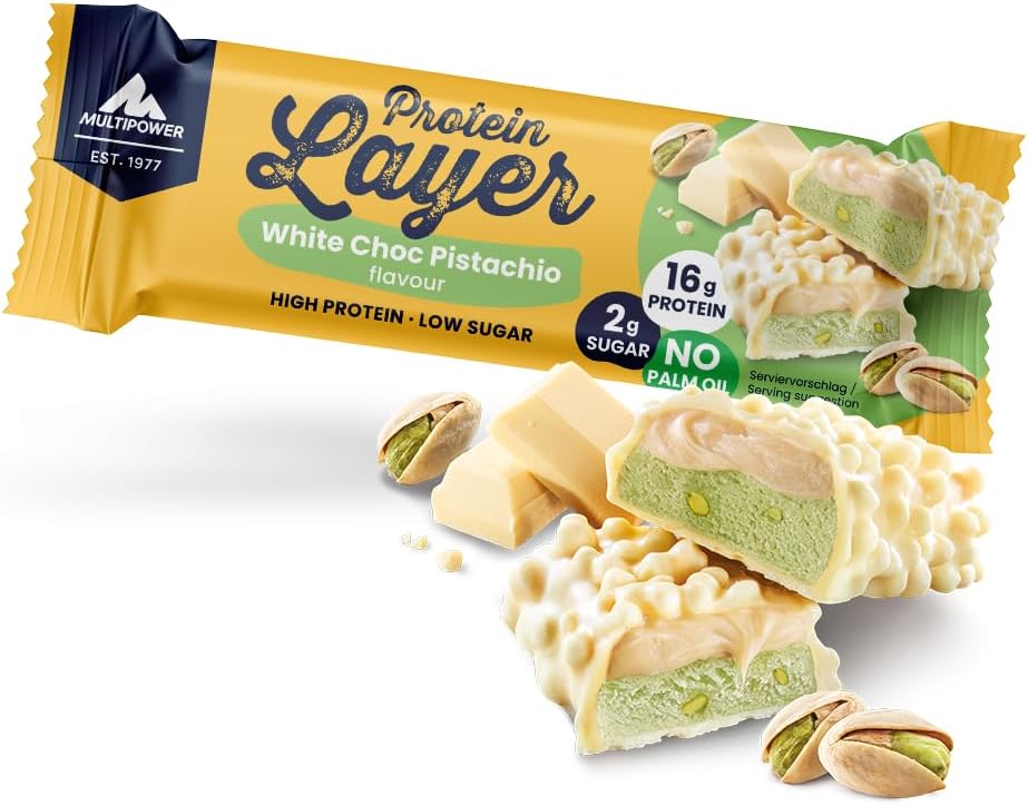 Multipower 蛋白层棒 - 白巧克力开心果口味 - 高蛋白多层零食 - 50 克(18 包)