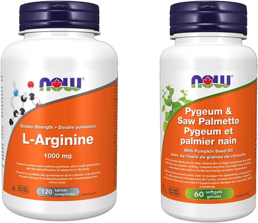 NOW Supplements L-精胺酸 1000 毫克錠劑(120 粒)+ 非洲臀果木和鋸棕櫚軟膠囊(60 粒)
