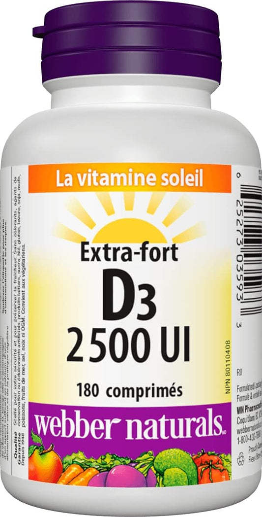Webber Naturals 维生素 D3 2500 IU 加强型,180 片,有助于骨骼和牙齿健康,并有助于预防维生素 D 缺乏症